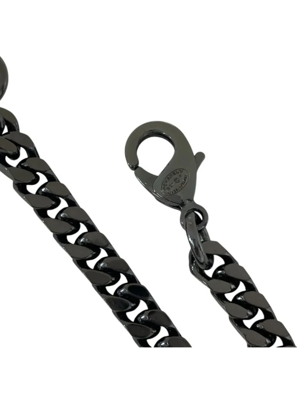 Chanel Choker Chain Pendant CC Logo Rhinestone Gunmetal Black Silver Necklace